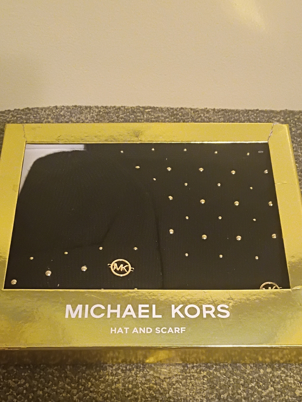 Michael Kors Women’s Black Beanie Hat and Gold Tone Studded Scarf Set